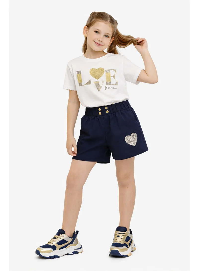 victor and jane Girls 2Pc Set Sequin “Love Forever” T-Shirt & Shorts Set – White & Navy